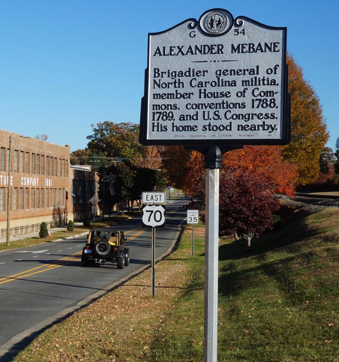 Historical marker for Alexander Mebane posted alongside Route 70.